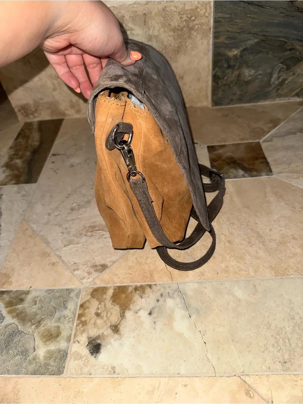 Zara Trafaluc Suede Leather Colorblock Crossbody Messenger Bag Brown Taupe
